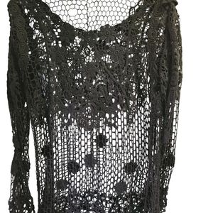 Crocheted lacy long sleeve pullover top